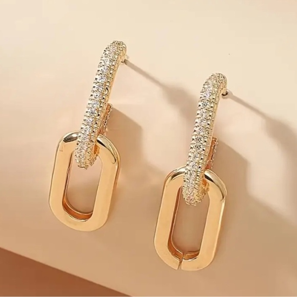 New Gold plated Geometric CZ Earrings push back - Picture 2 of 4